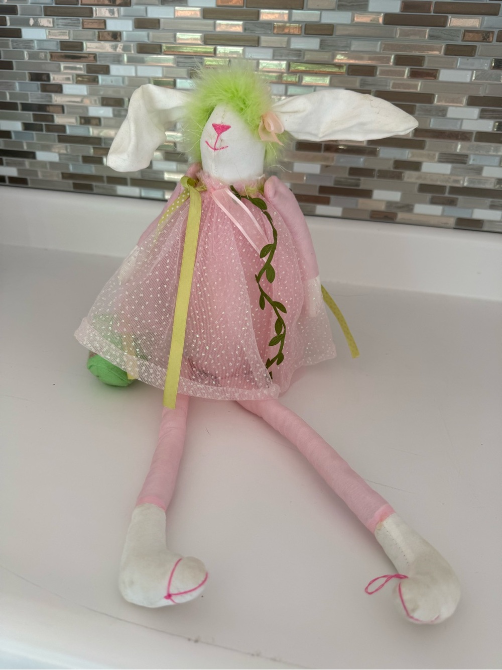 Pink & green  Bunny shelf sitter  -